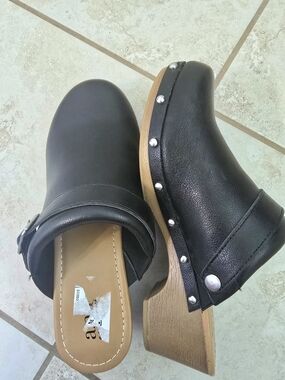 a.n.a Black Leather Studded Clog Mules